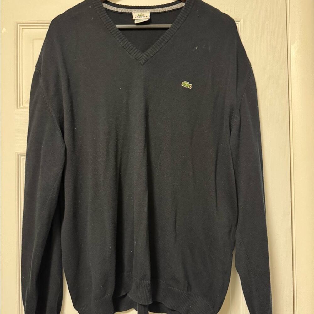 Lacoste Men's V-Neck Sweater in Black with Green Crocodile Logo